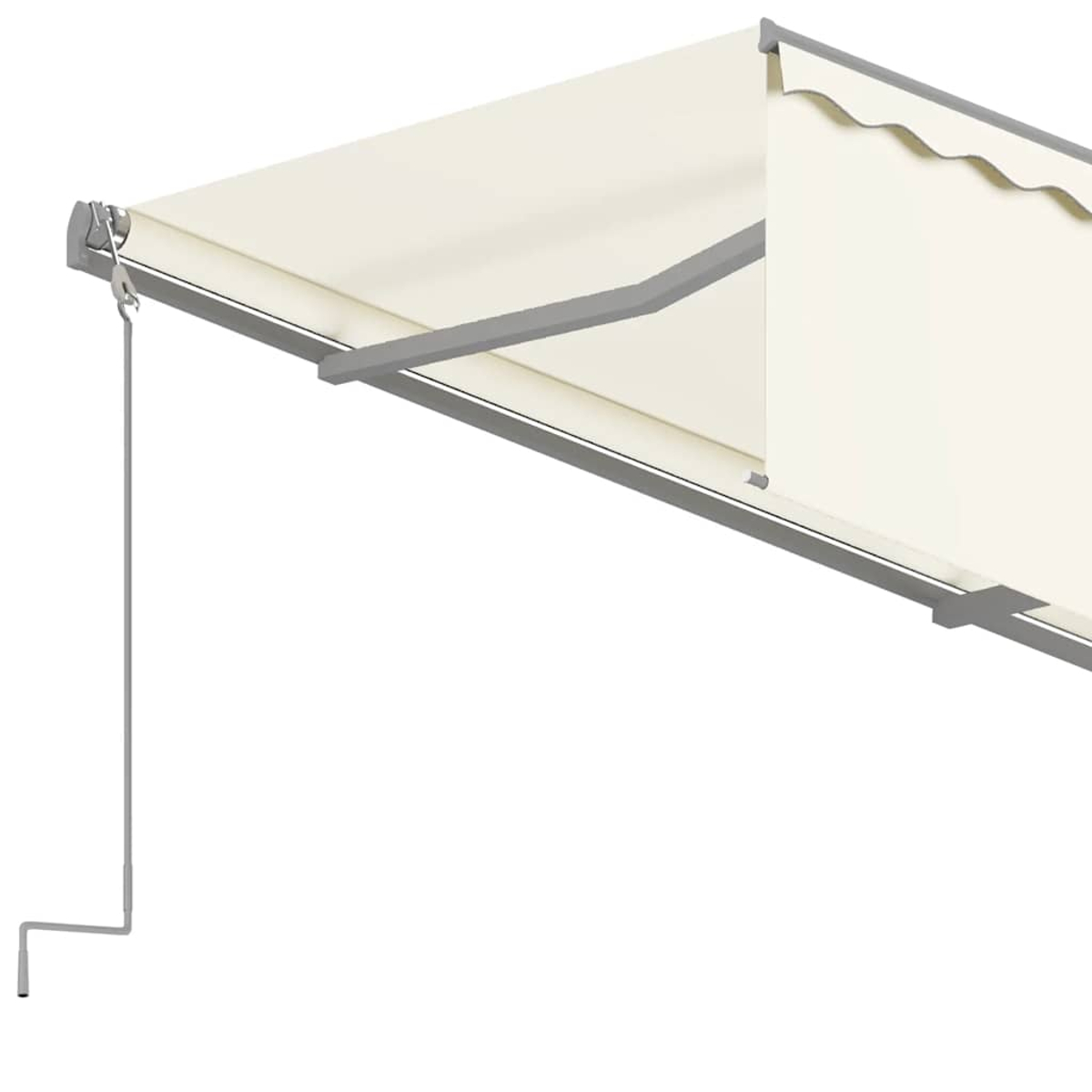 Eine beige ausziehbare Markise mit grauem Rahmen. Ein Kurbelgriff hängt herunter. Die Markise ist teilweise geöffnet, mit gewelltem Rand.