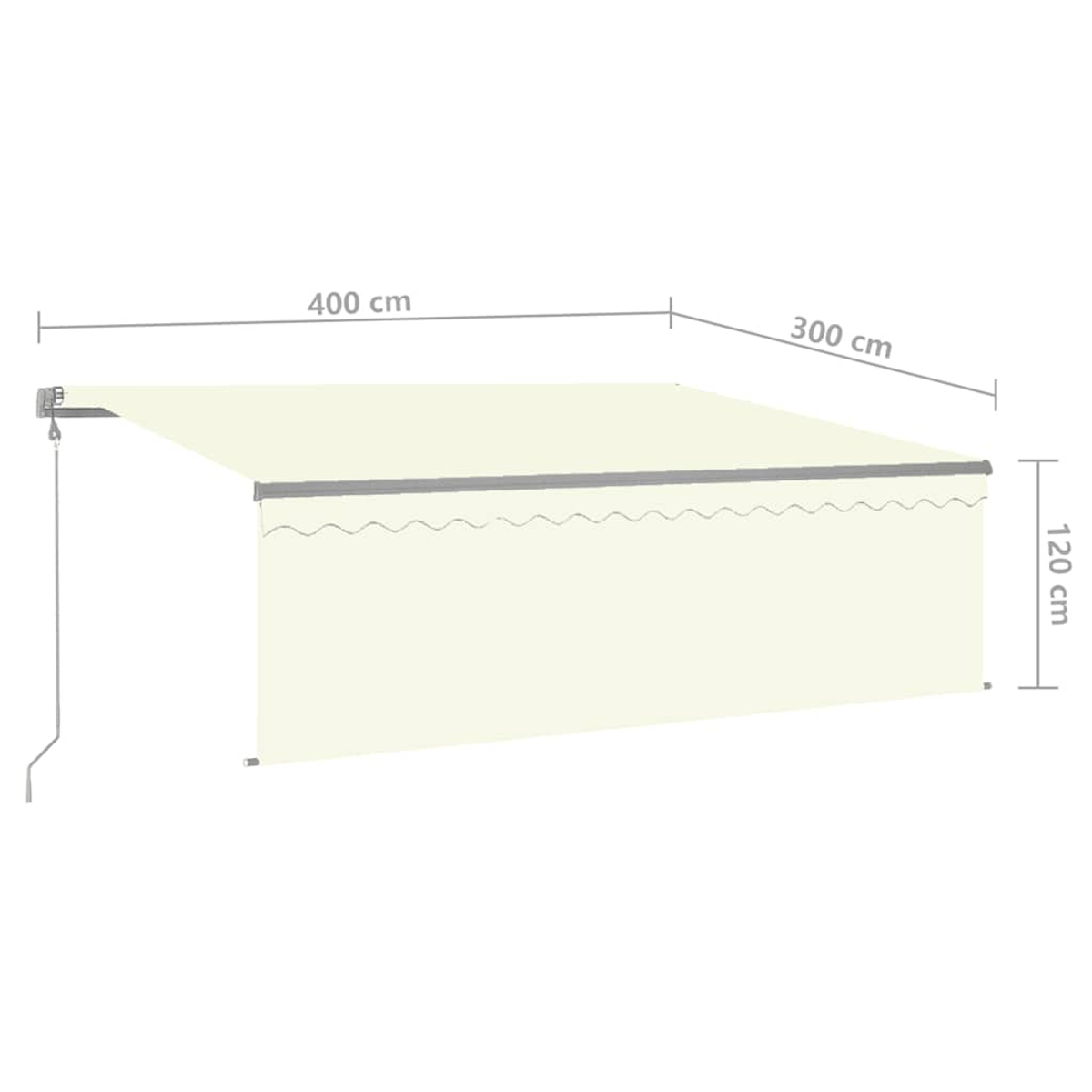 Eine cremefarbene, ausziehbare Markise, Maße: 400 cm x 300 cm x 120 cm, mit gewelltem Rand und Kurbelmechanismus.