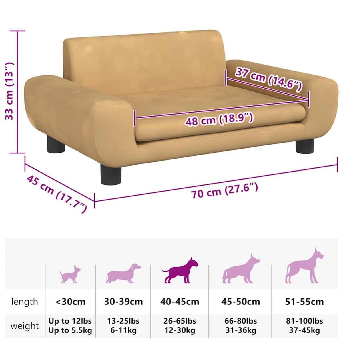 Beiges Hundesofa mit Größenangaben. Darunter Silhouetten von Hunden mit Größen- und Gewichtsbereichen.