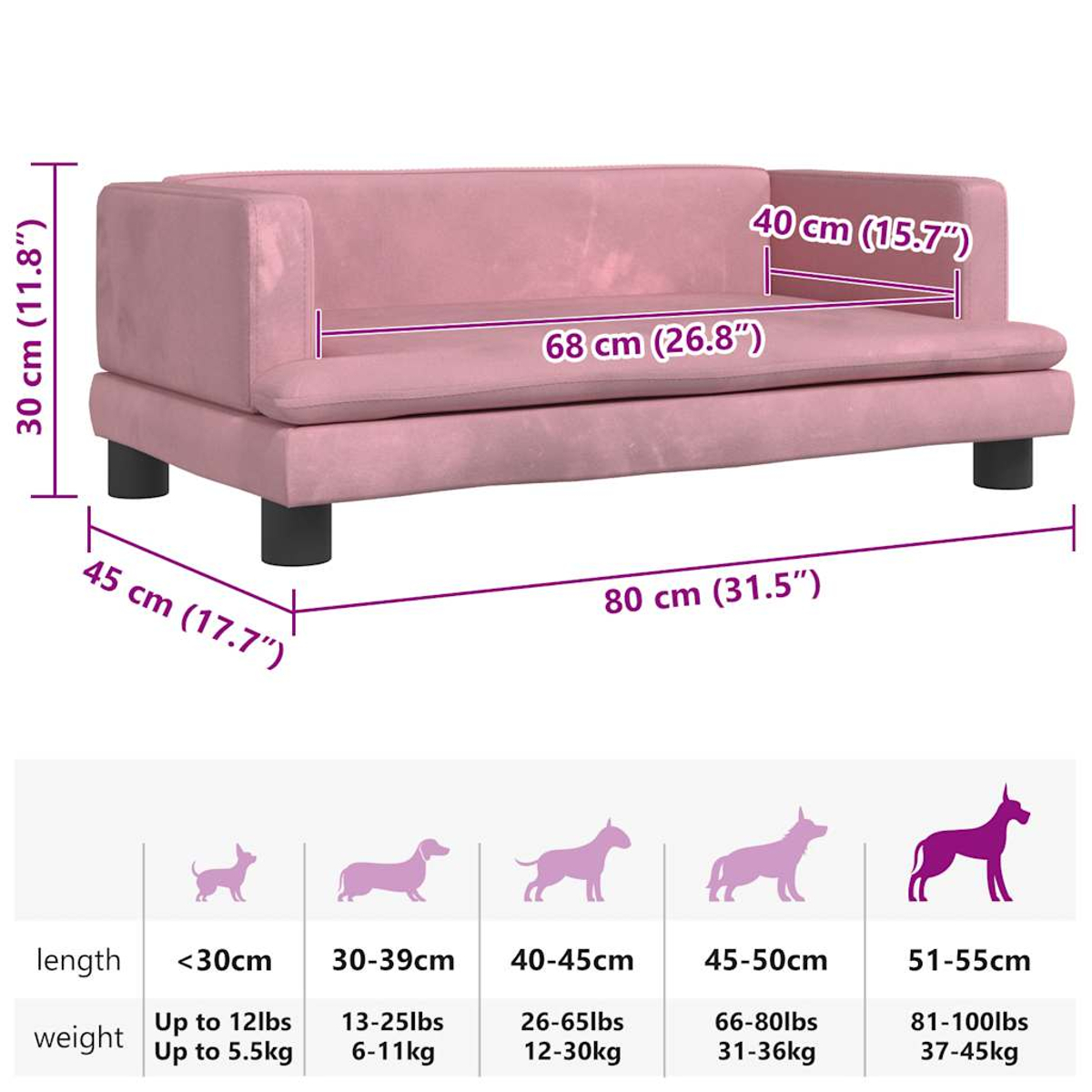 Ein rosa Sofa mit Maßangaben. Darunter sind Vergleiche der Hundegröße für Länge und Gewicht.