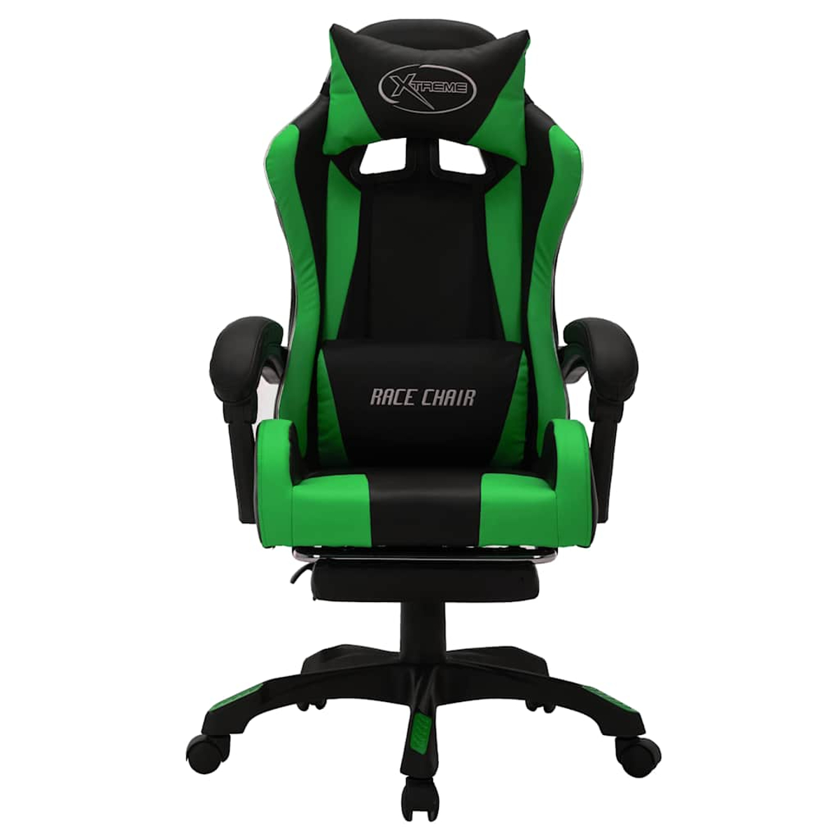 Gaming-Stuhl mit grünen und schwarzen Akzenten. Verfügt über eine Kopfstütze mit Xtreme-Logo und Text 'RACE CHAIR' auf der Rückenlehne.