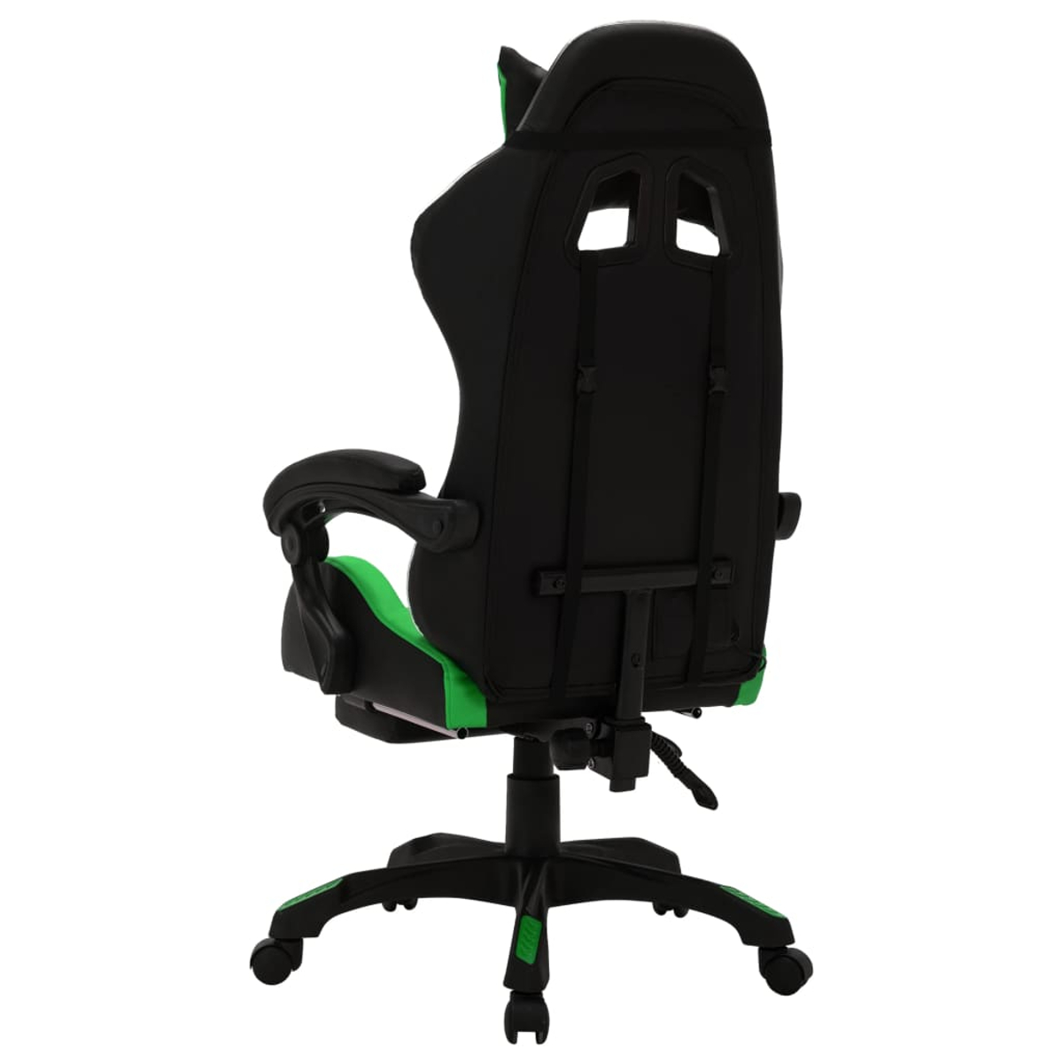 Gaming-Stuhl mit schwarzen und grünen Akzenten, von hinten gesehen. Verfügt über eine hohe Rückenlehne, Armlehnen und ein Fünf-Rollen-Gestell.