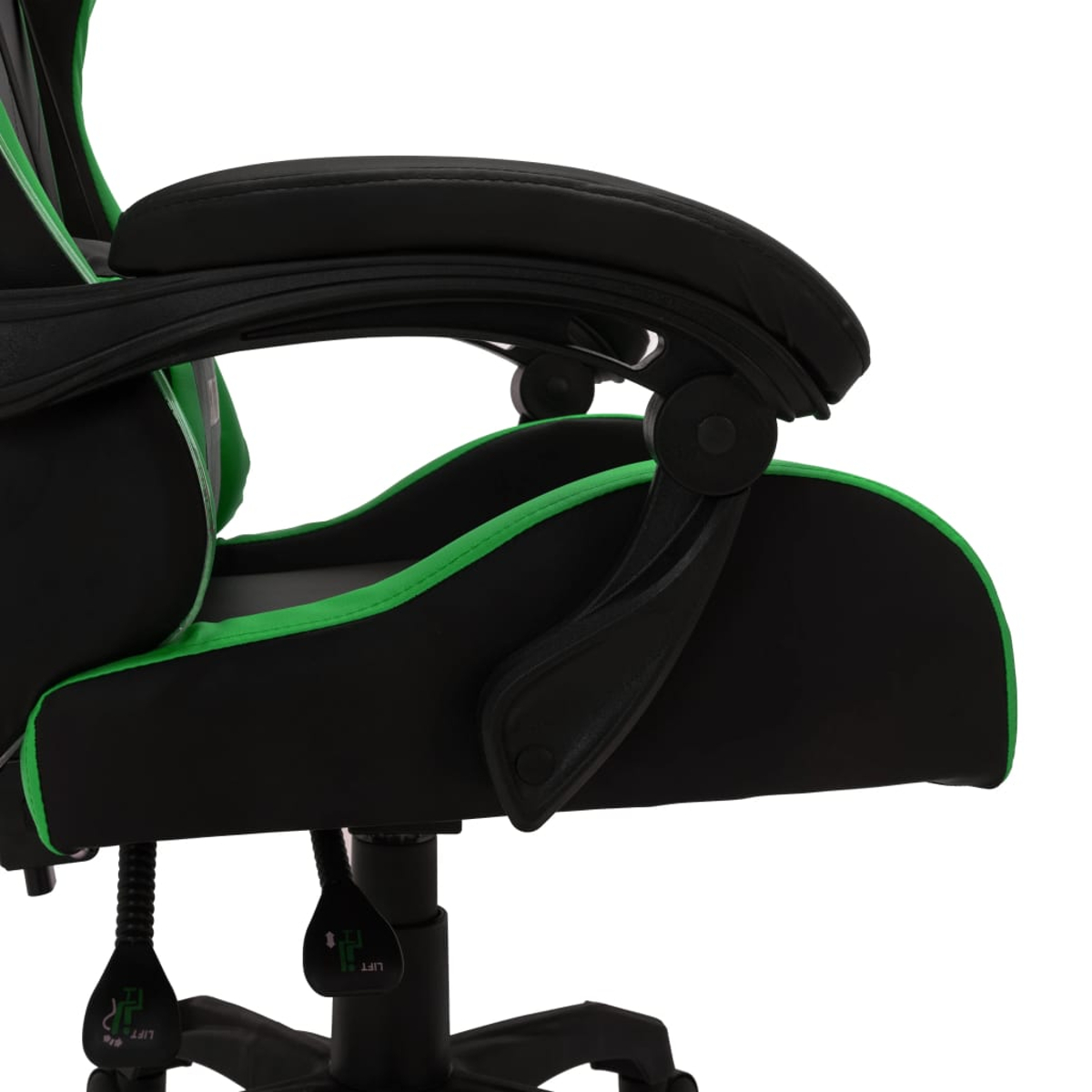 Nahaufnahme eines schwarzen Gaming-Stuhls. Er hat grüne Akzente, schwarze Armlehnen und einen Hebemechanismus. Der Hintergrund ist weiß.