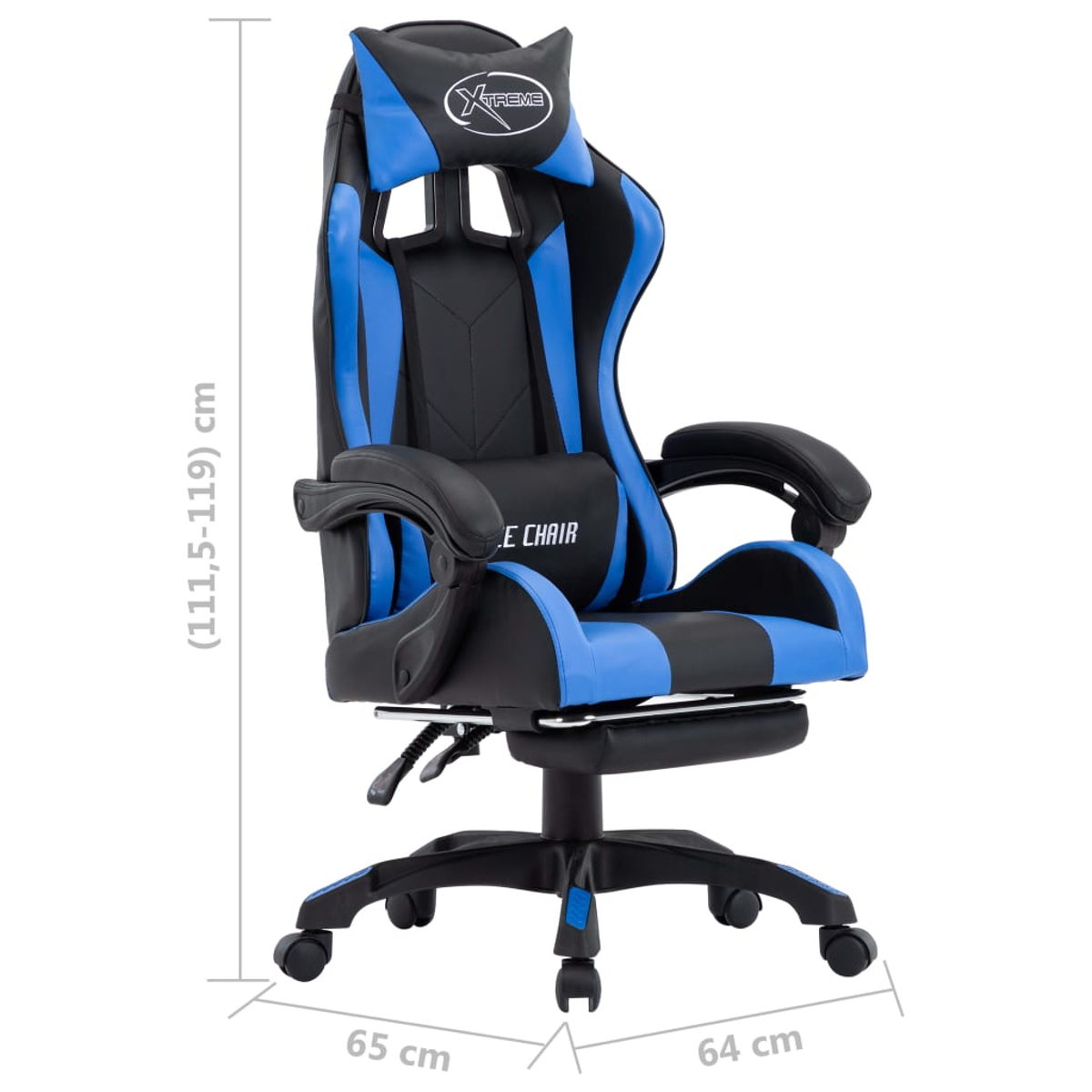 Gaming-Stuhl mit blauem und schwarzem Farbschema, beschriftet mit 'Xtreme Chair'. Abmessungen: 111,5-119 cm Höhe, 65 cm Breite und 64 cm Tiefe.