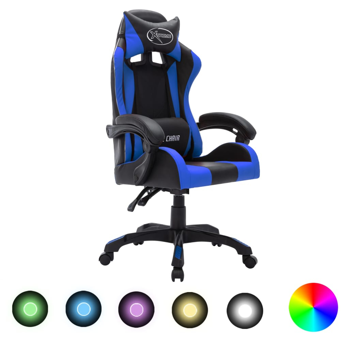 Ein blau-schwarzer Gaming-Stuhl mit Kopfstütze, Armlehnen und Rädern. Der Stuhl hat ein Xtreme-Logo und die Aufschrift 'CHAIR'.