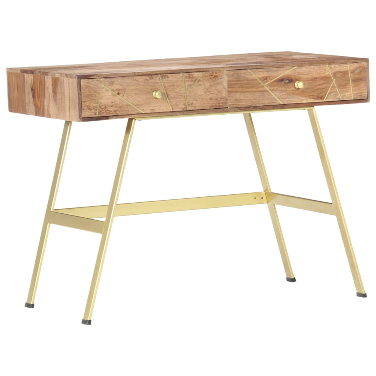 Holzschreibtisch mit zwei Schubladen und goldenen Akzenten.  Unterstützt von goldenen Beinen. Der Schreibtisch steht auf weißem Hintergrund.