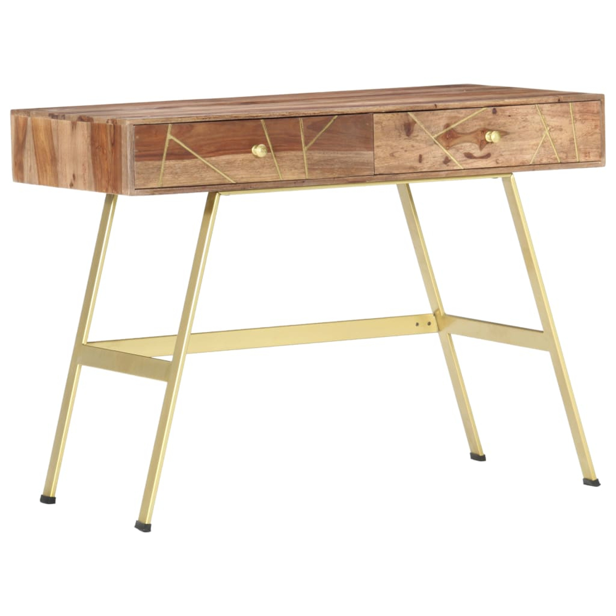 Holzschreibtisch mit zwei Schubladen, Messinggriffen und goldfarbenen Beinen. Das Holz hat Messingakzente. Der Schreibtisch steht auf weißem Hintergrund.