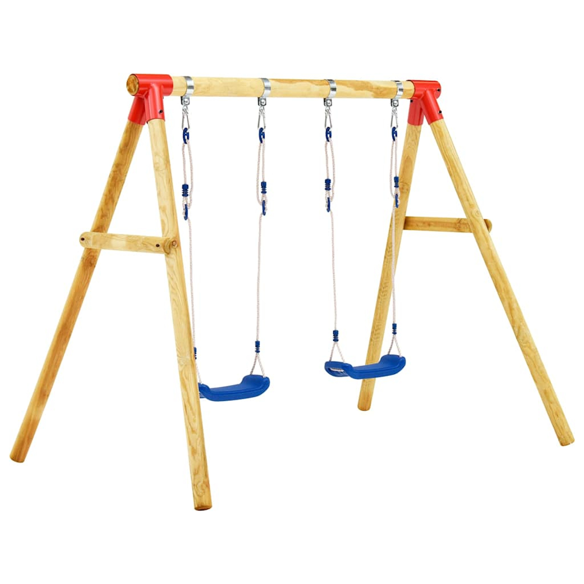 Ein Holzschaukelgestell mit zwei blauen Schaukeln. Der Rahmen ist hellbraun mit roten Stützbalken. Weißer Hintergrund.