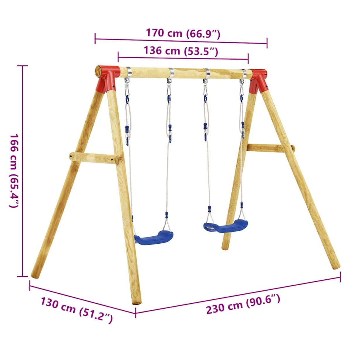 Ein Holzschaukelgestell mit zwei blauen Schaukeln. Maße sind angegeben. Das Gestell ist braun mit roten Akzenten.