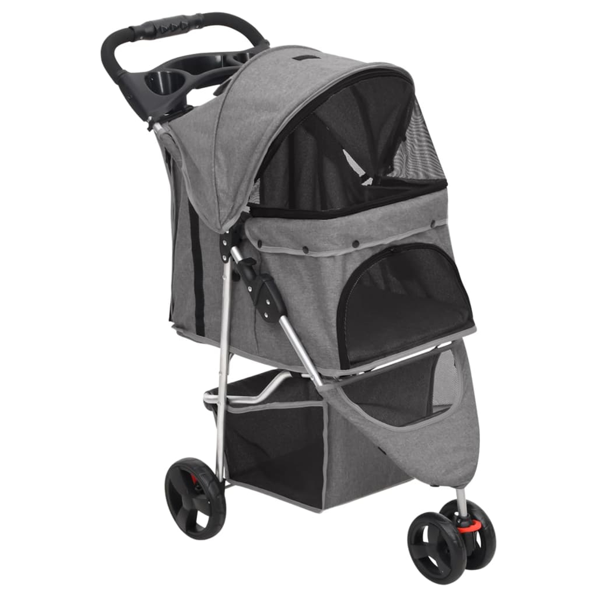 Ein grauer Tierkinderwagen auf weißem Hintergrund. Er hat ein Verdeck, Stauraum und vier Räder.