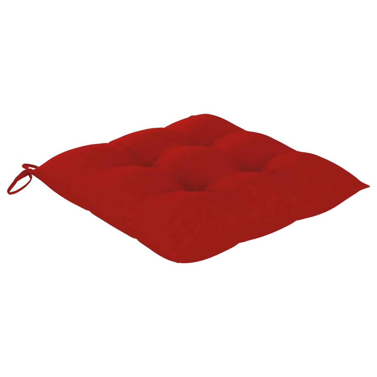 Ein rotes quadratisches Kissen mit Knopfheftung. Es hat eine Schlaufe auf der linken Seite zur Befestigung. Weißer Hintergrund.
