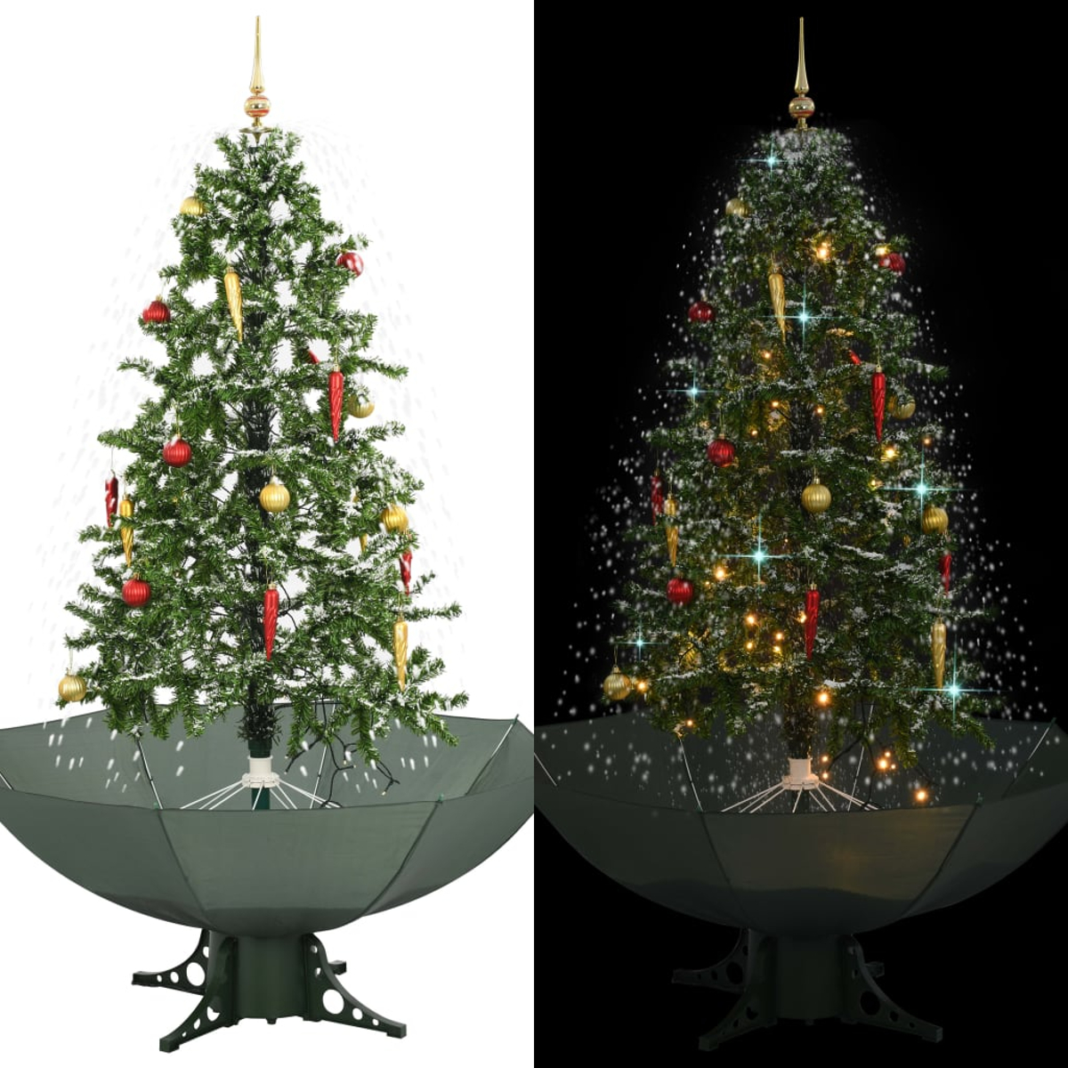Ein geschmückter Weihnachtsbaum mit goldenen und roten Ornamenten, Schneeeffekt und grünem Sockel auf weißem und schwarzem Hintergrund.