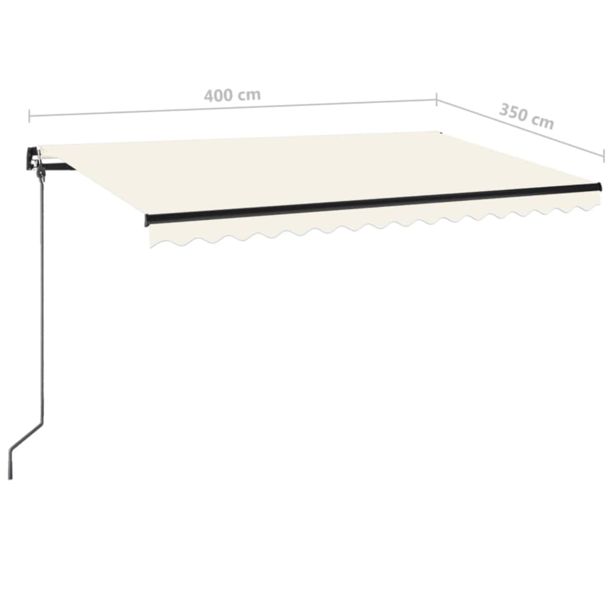 Eine beige ausziehbare Markise, 400 cm breit und 350 cm tief, mit schwarzem Rahmen und Stützarm. Weißer Hintergrund.