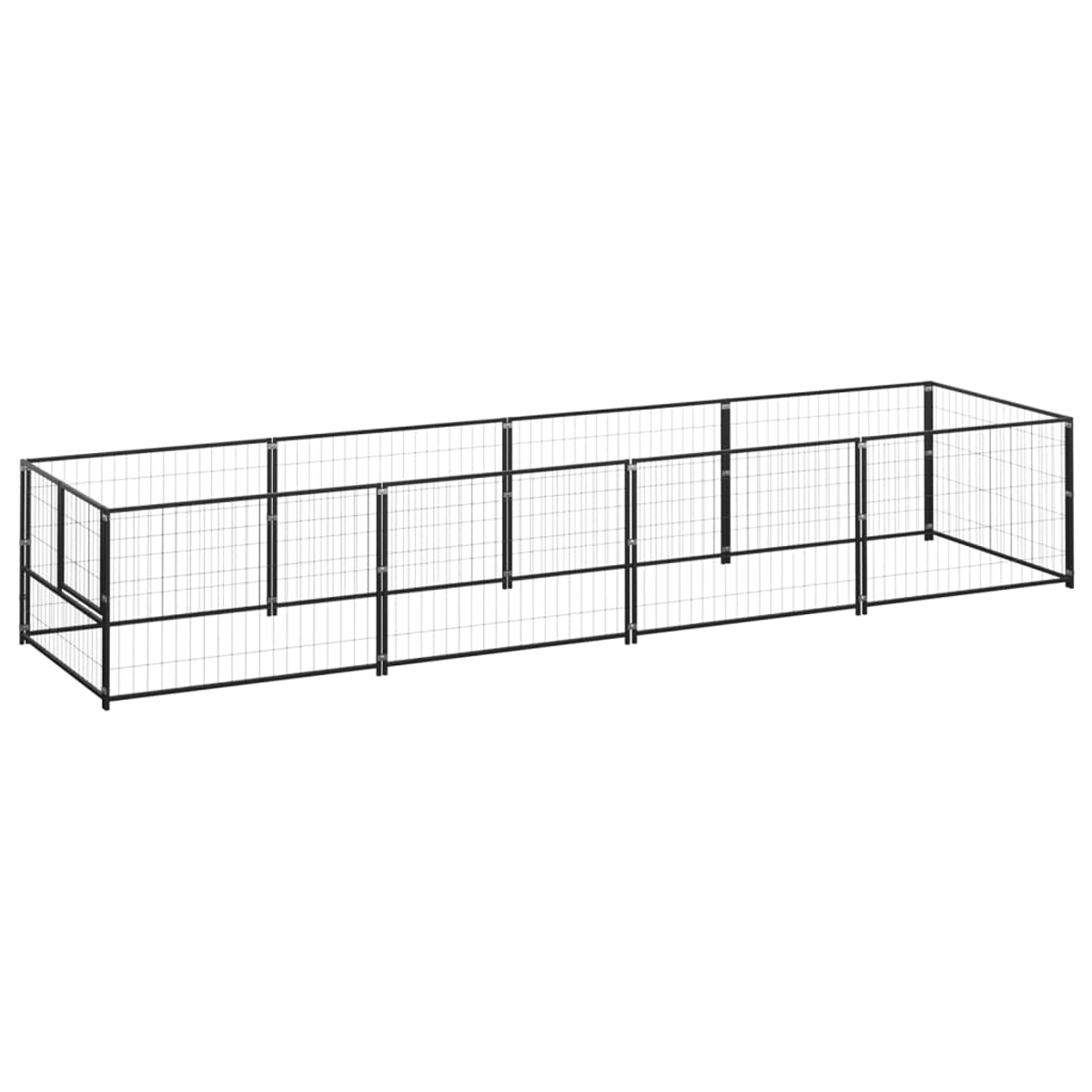 Ein schwarzer Metall-Haustier-Stall auf weißem Hintergrund. Der Stall ist rechteckig und aus Drahtgeflecht gefertigt.