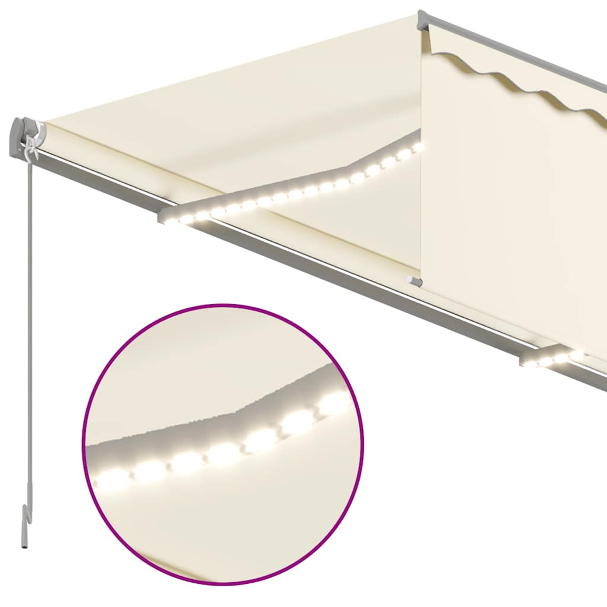 Beige Markise mit integrierten LED-Leuchten. Ein kreisförmiger Einsatz zeigt eine detaillierte Ansicht der Lichter. Eine Metallstange ragt heraus.