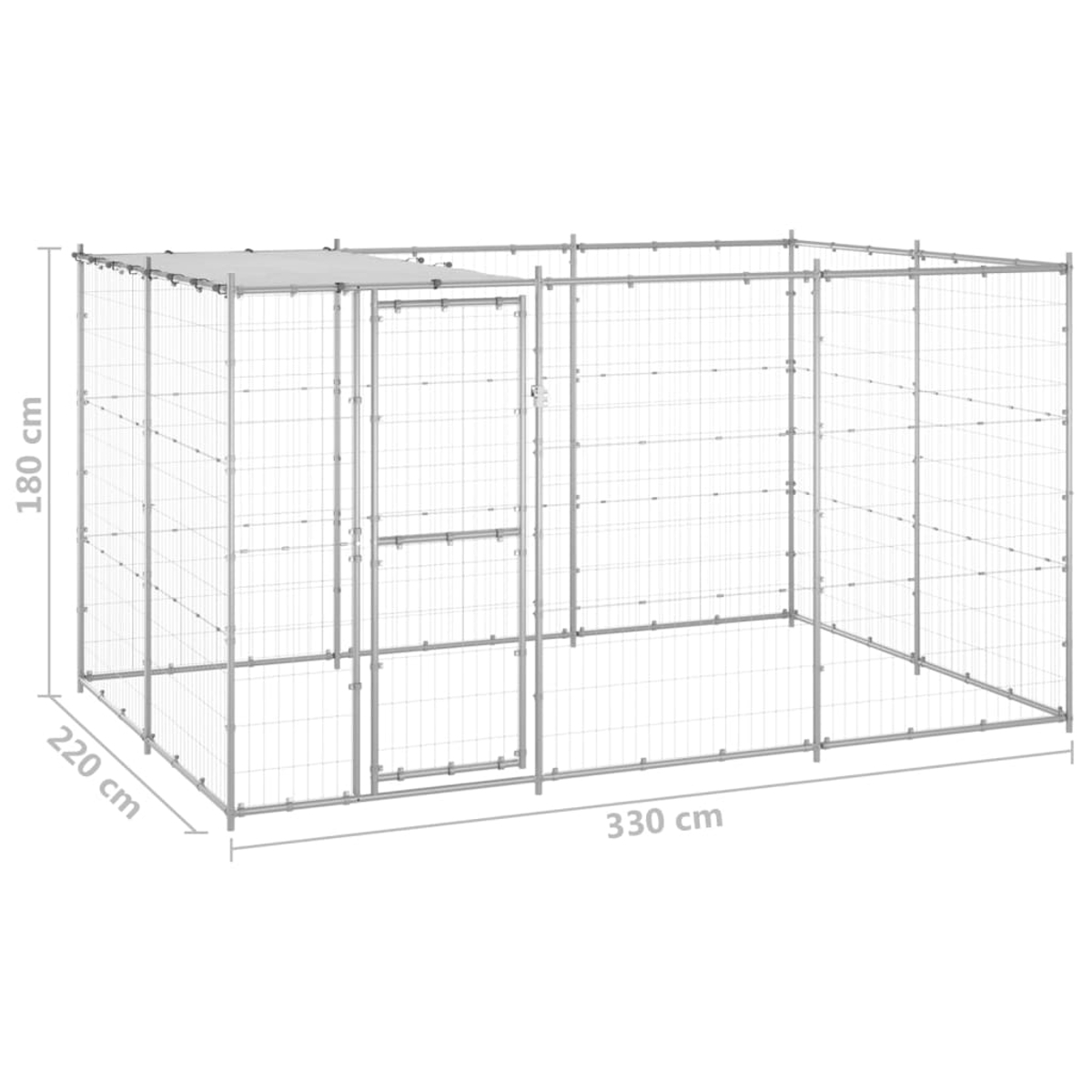 Ein großer Hundekäfig aus Metall mit Tür. Abmessungen sind angegeben: 180 cm Höhe, 220 cm Breite und 330 cm Länge. Der Käfig ist leer.