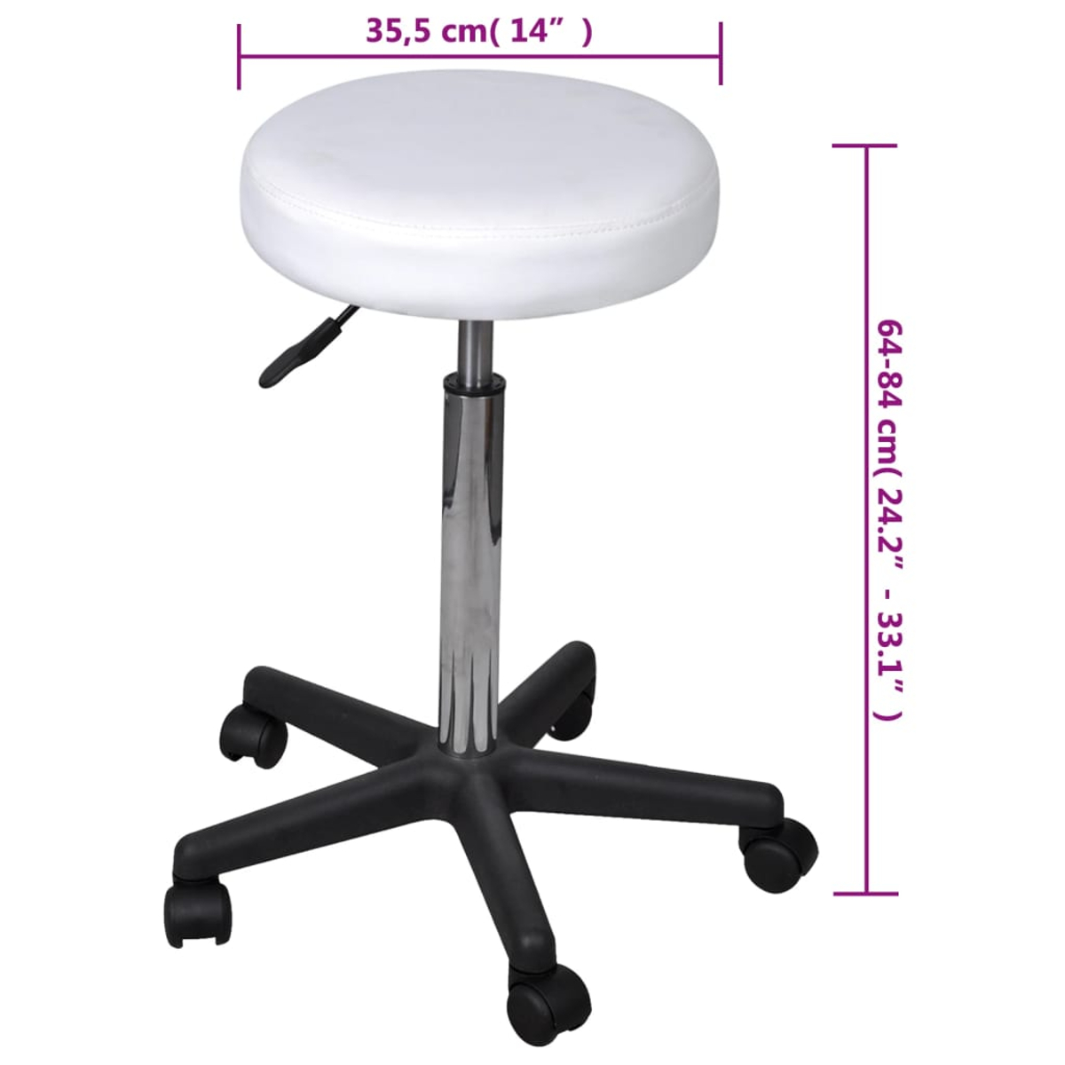 Ein weißer, runder Hocker mit verchromtem Sockel und schwarzem, fünfrolligem Untergestell. Abmessungen: 35,5 cm (14") und 64-84 cm (24,2" - 33,1").
