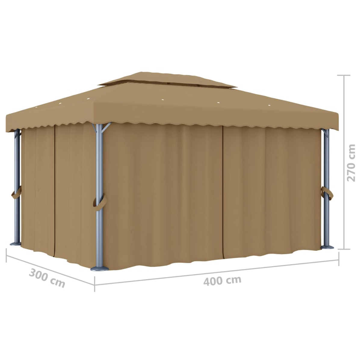 Ein beigefarbener Pavillon mit Vorhängen. Maße: 300cm x 400cm x 270cm. Metallrahmen mit beigem Stoffdach und Vorhängen.