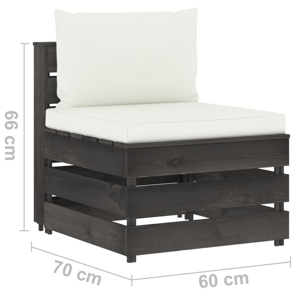 Holz-Outdoor-Sessel mit weißem Kissen und Kissen. Abmessungen: 66 cm hoch, 70 cm breit, 60 cm tief.
