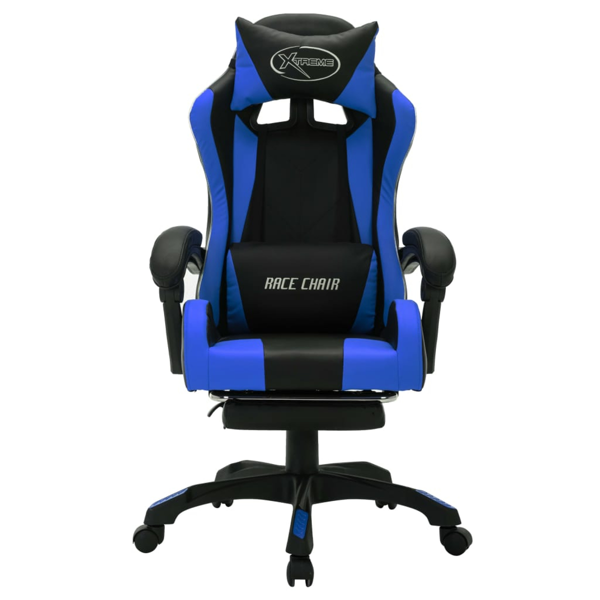 Ein blau-schwarzer Rennstuhl mit Kopf- und Lendenwirbelstütze. Er hat das Wort 'Xtreme' auf der Kopfstütze und 'Race Chair' auf dem Rücken.