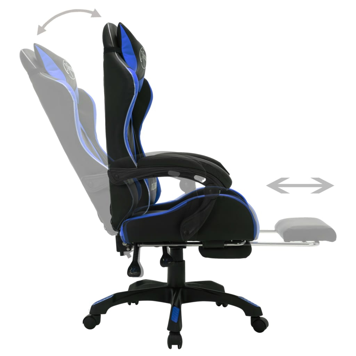Gaming-Stuhl mit schwarzen und blauen Akzenten. Er hat eine verstellbare Rückenlehne und Fußstütze. Der Stuhl steht auf Rollen.