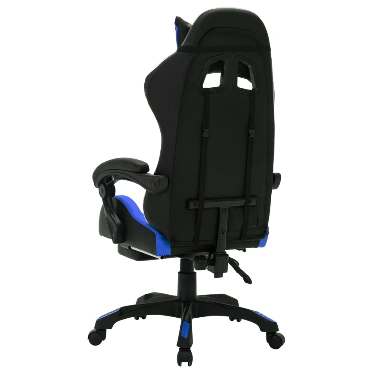 Schwarzer und blauer Gaming-Stuhl, Rückansicht. Merkmale sind eine hohe Rückenlehne, Armlehnen und ein Fünf-Sterne-Fuß mit Rollen.