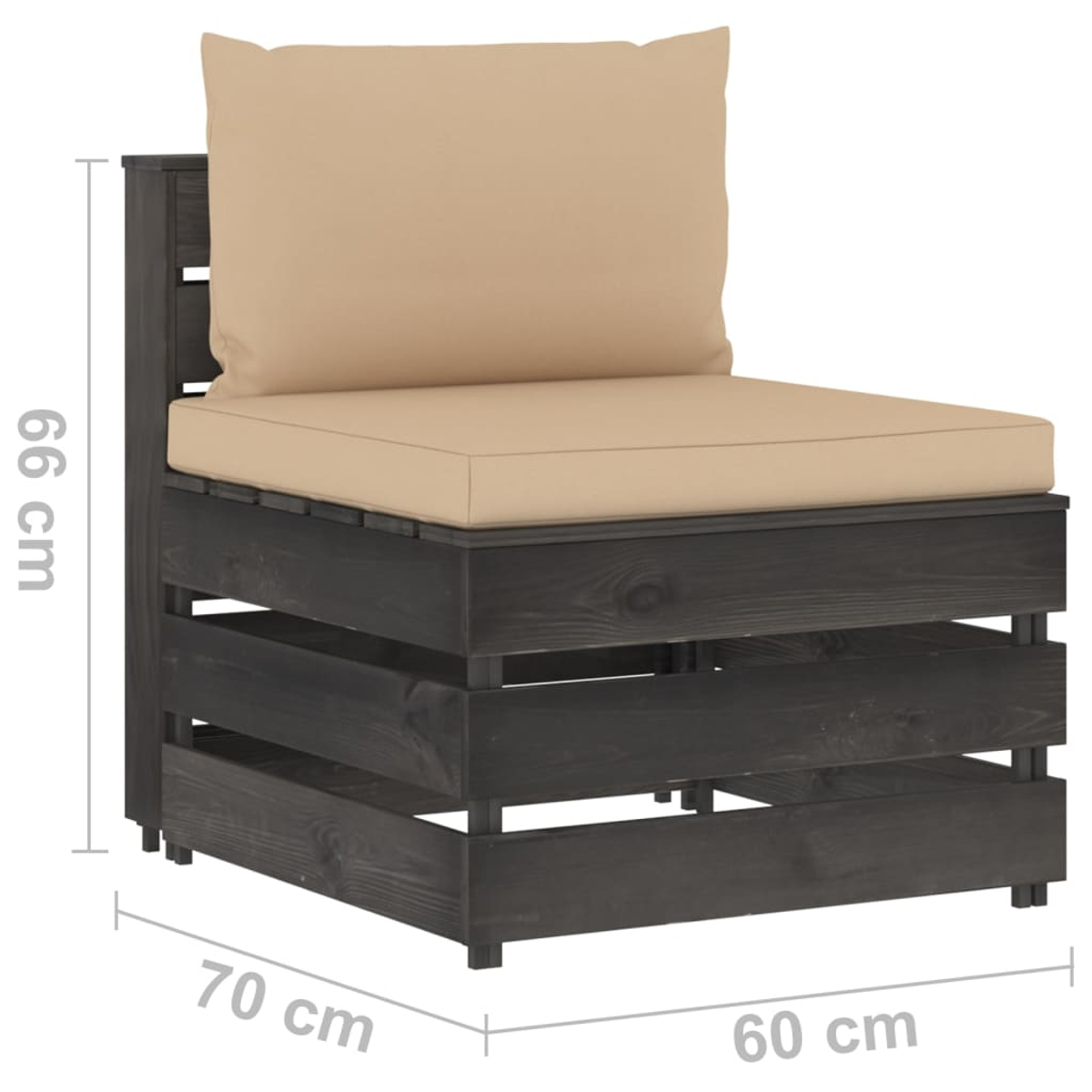 Ein Holzstuhl mit beigen Kissen. Er hat einen dunkelgrauen Rahmen und die Maße sind: 66 cm, 70 cm und 60 cm.