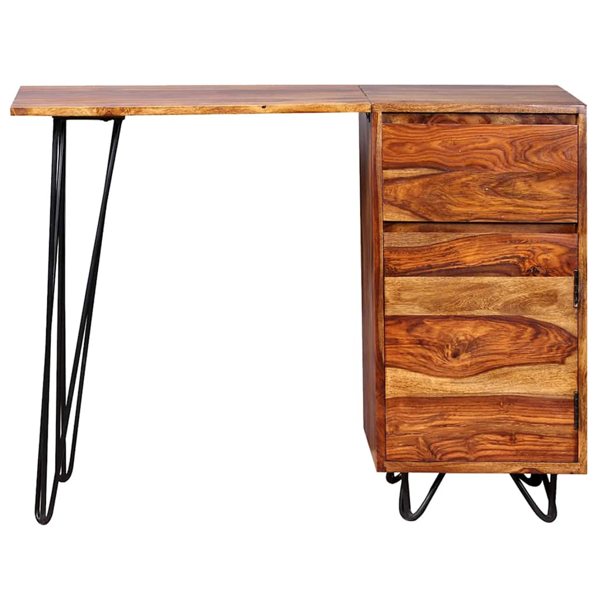 Holzschreibtisch mit Schubladen und schwarzen Haarnadelbeinen. Der Schreibtisch ist braun mit Holzmaserung.