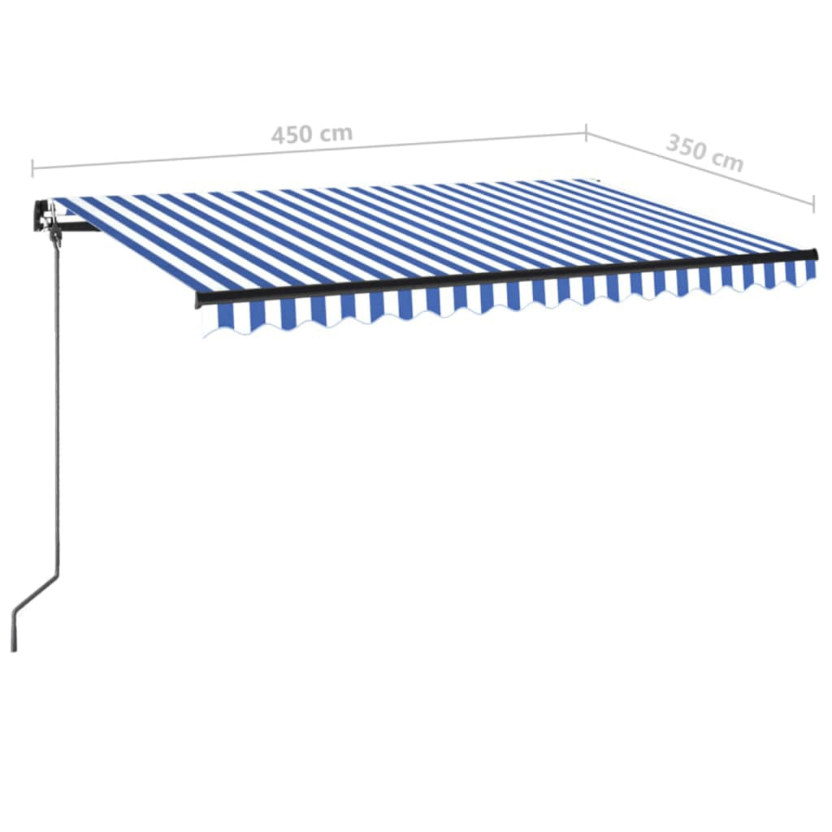 Eine blau-weiß gestreifte Markise, 450 cm lang und 350 cm breit. Sie hat einen schwarzen Rahmen und einen Stützarm.