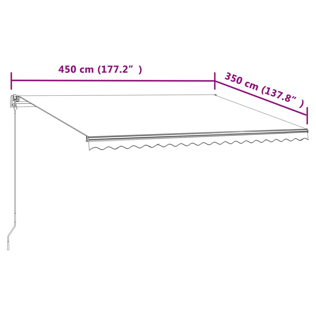 Ein weißes Vordach mit den Maßen 450 cm (177,2") und 350 cm (137,8"). Es hat einen gewellten Rand.