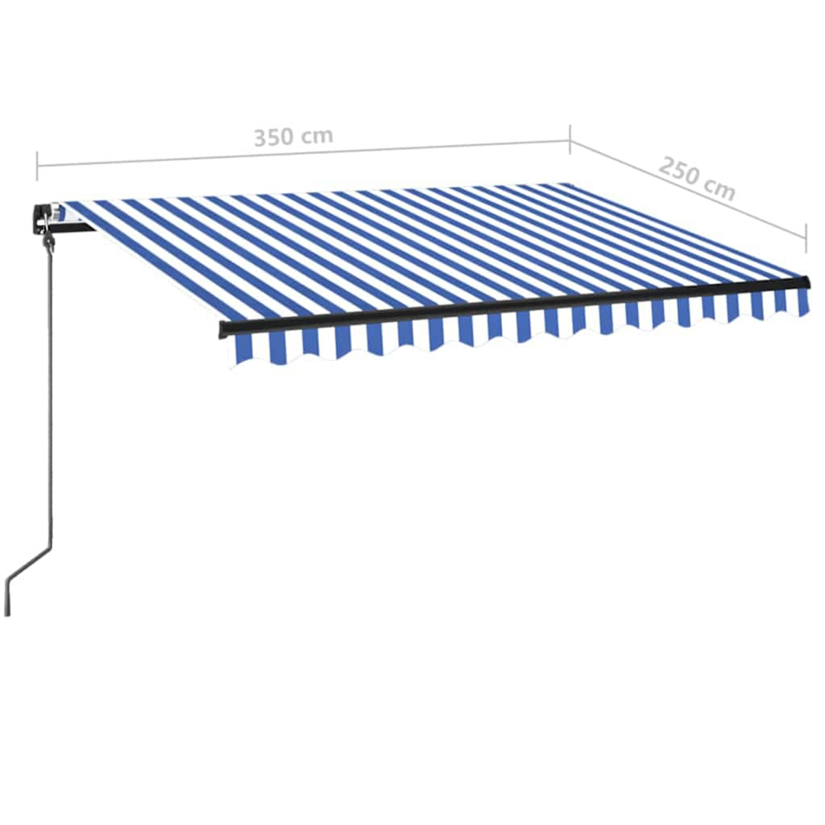 Blau-weiß gestreifte Markise, 350 cm breit und 250 cm tief, erstreckt sich von einem schwarzen Metallrahmen mit Stützarm.