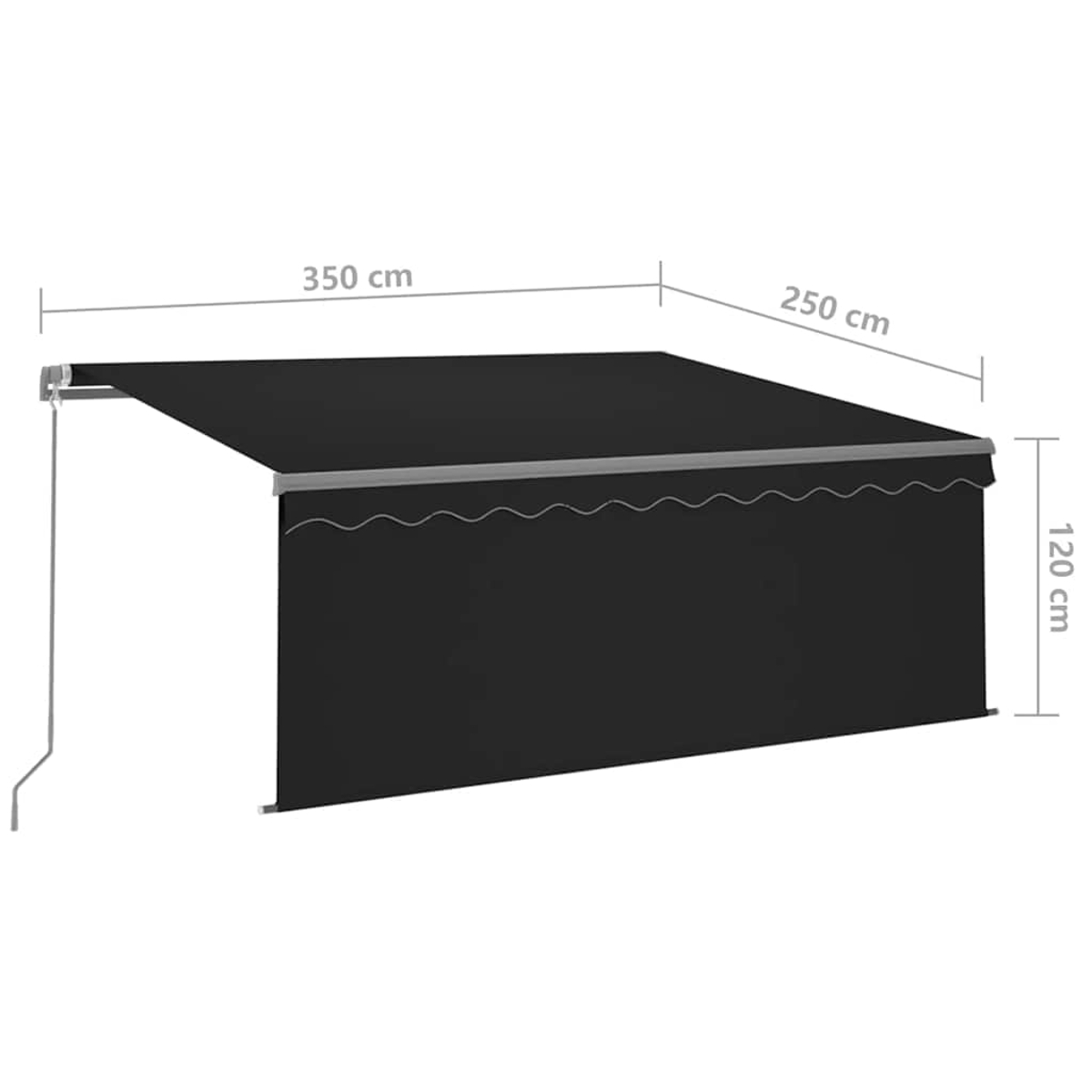 Eine schwarze Markise mit den Maßen: 350 cm breit, 250 cm tief und 120 cm hoch, vor weißem Hintergrund.