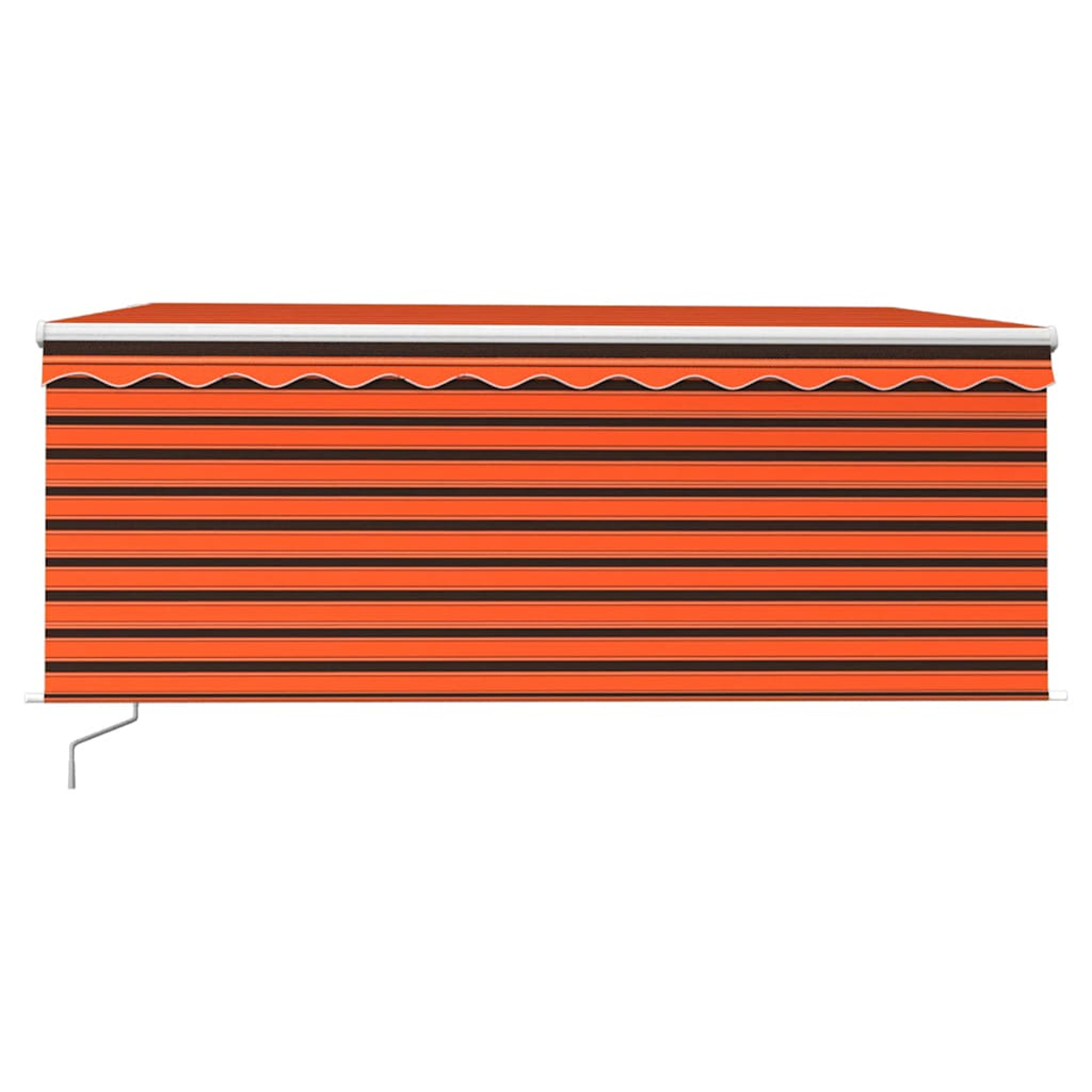 Ein orange-schwarz gestreifter Baldachin mit weißem Rahmen, vor weißem Hintergrund, mit einem Stützarm links.