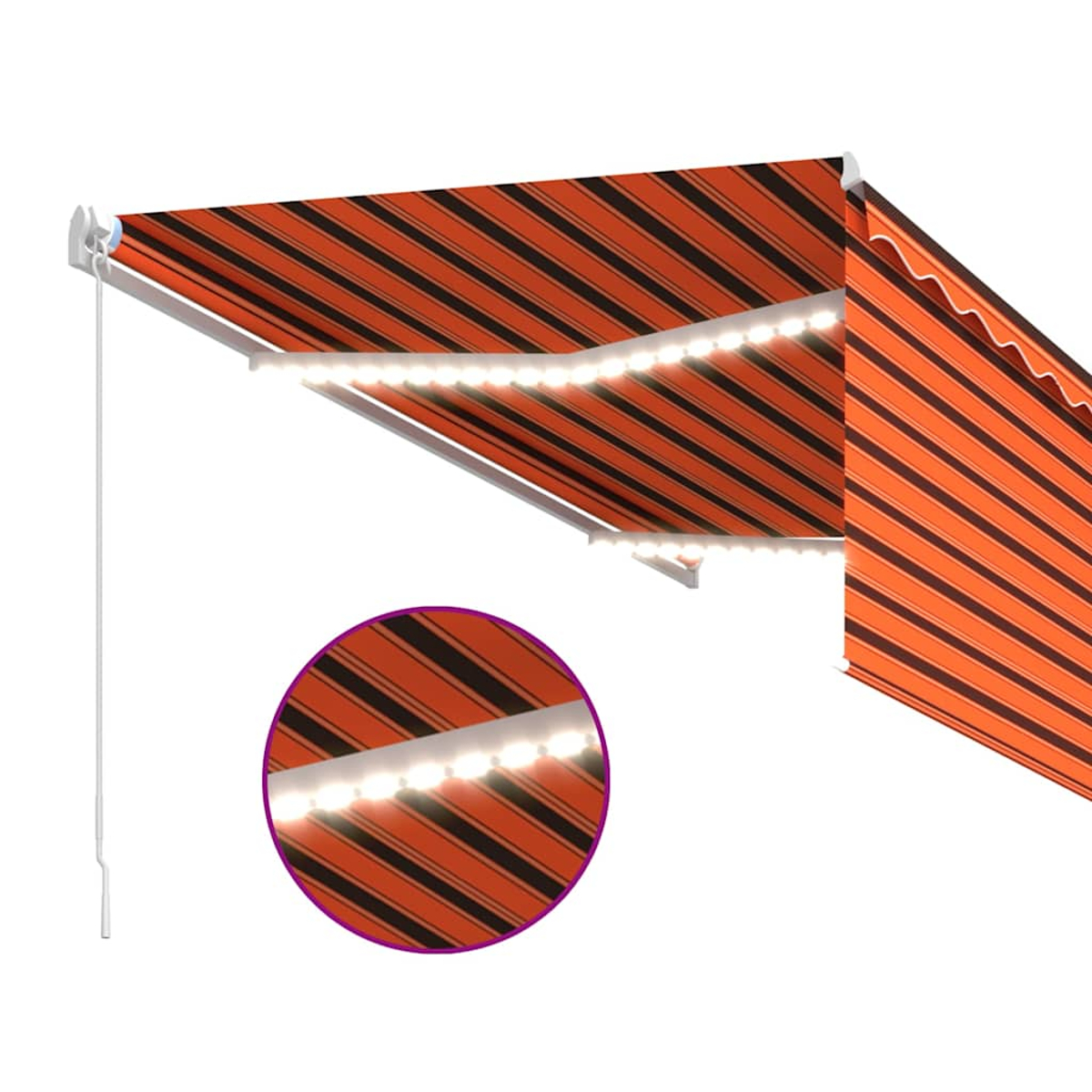 Ein orange-schwarz gestreiftes Sonnensegel mit LED-Leuchten. Eine weiße Stützstruktur und eine Nahaufnahme der Lichter sind ebenfalls zu sehen.