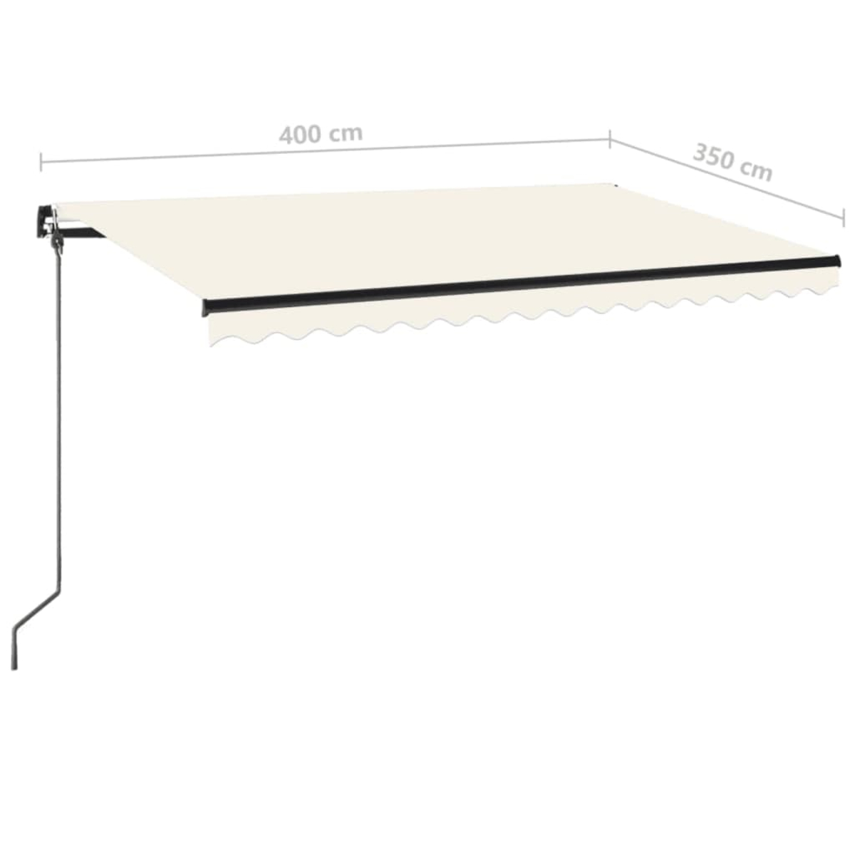 Beige ausziehbare Markise, 400 cm breit, 350 cm Ausladung. Schwarzer Rahmen mit gewelltem Rand. Ein Stützarm erstreckt sich nach unten.