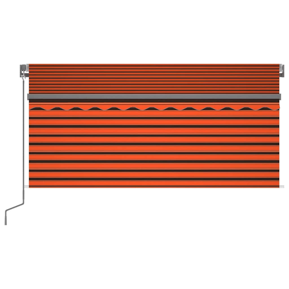 Orange und schwarz gestreifte Fensterjalousie. Oben horizontale Streifen, Mitte Wellenkante, unten horizontale Streifen.