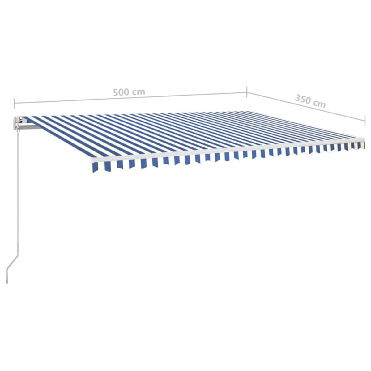 Ein blau-weiß gestreifter Sonnenschutz, 500 cm x 350 cm, erstreckt sich von einer Wandbefestigung. Ein Stützarm ist sichtbar.