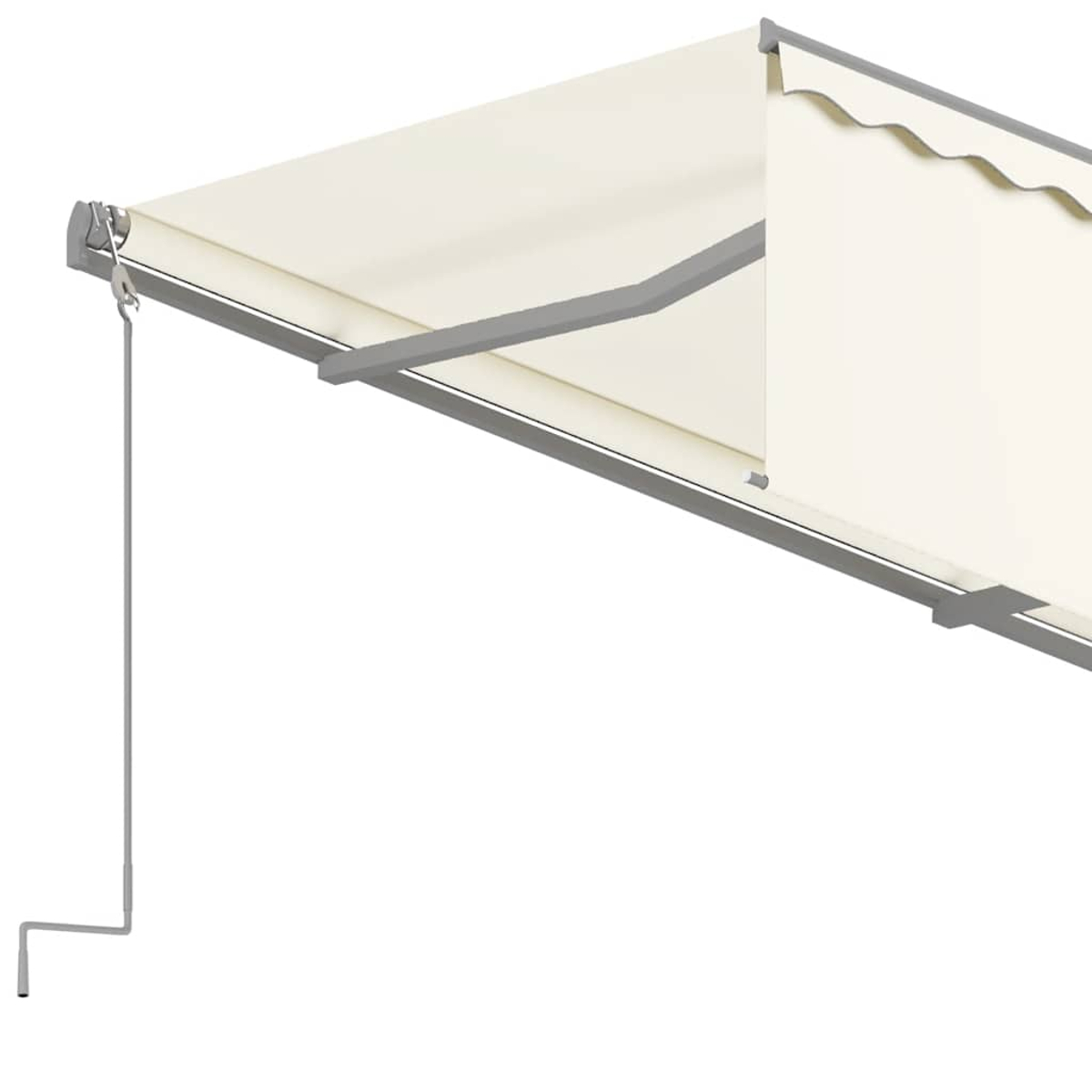 Eine cremefarbene, teilweise ausgefahrene Markise mit grauem Metallrahmen und Kurbel. Die Markise steht vor weißem Hintergrund.