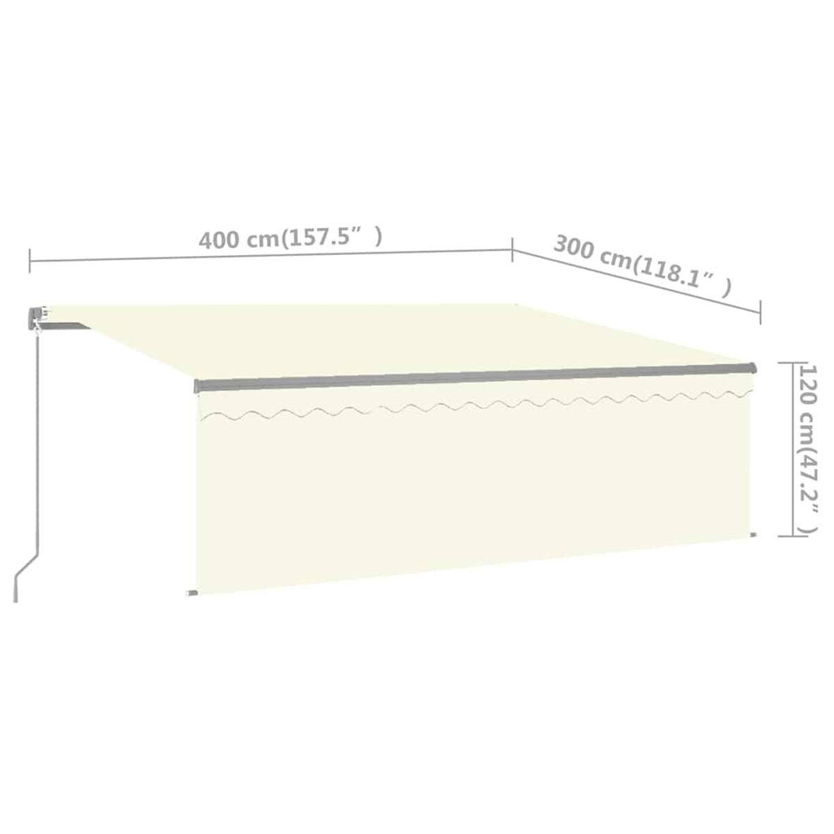 Eine beige Markise mit Maßangaben. Sie hat einen gewellten Rand und eine Metallstützstruktur. Die Maße sind in cm und Zoll angegeben.