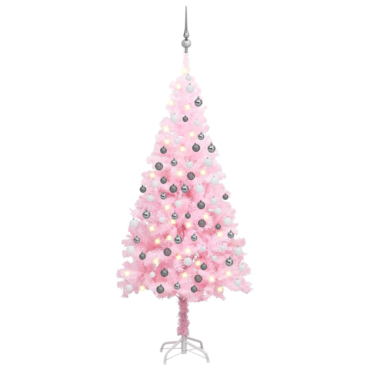 Ein rosa Weihnachtsbaum mit silbernen und weißen Ornamenten und Lichtern. Er hat eine silberne Spitze und einen weißen Ständer.