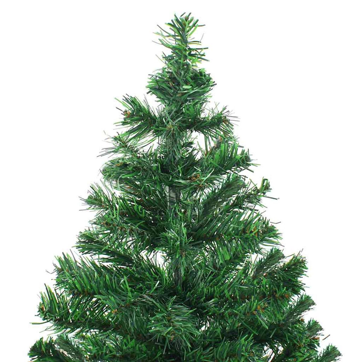 Ein grüner, künstlicher Weihnachtsbaum vor weißem Hintergrund. Der Baum hat dichte, nadelartige Äste.