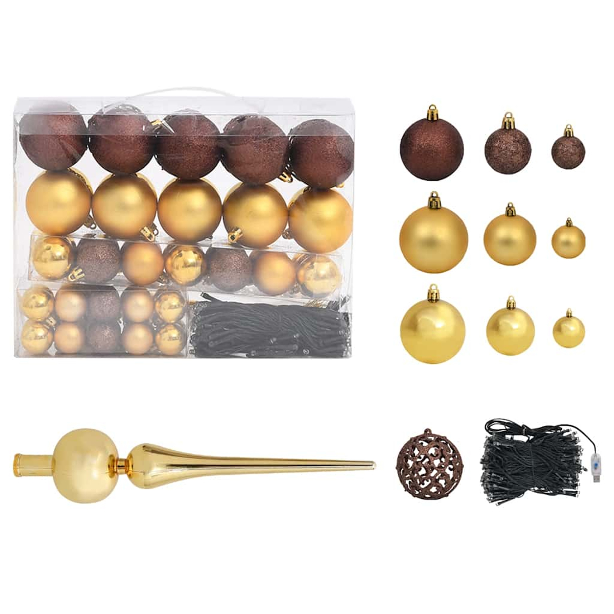 Weihnachtsdekorationen: Ornamente in einer Box, goldener Baumschmuck, Lichter und einzelne Ornamente in Braun und Gold.