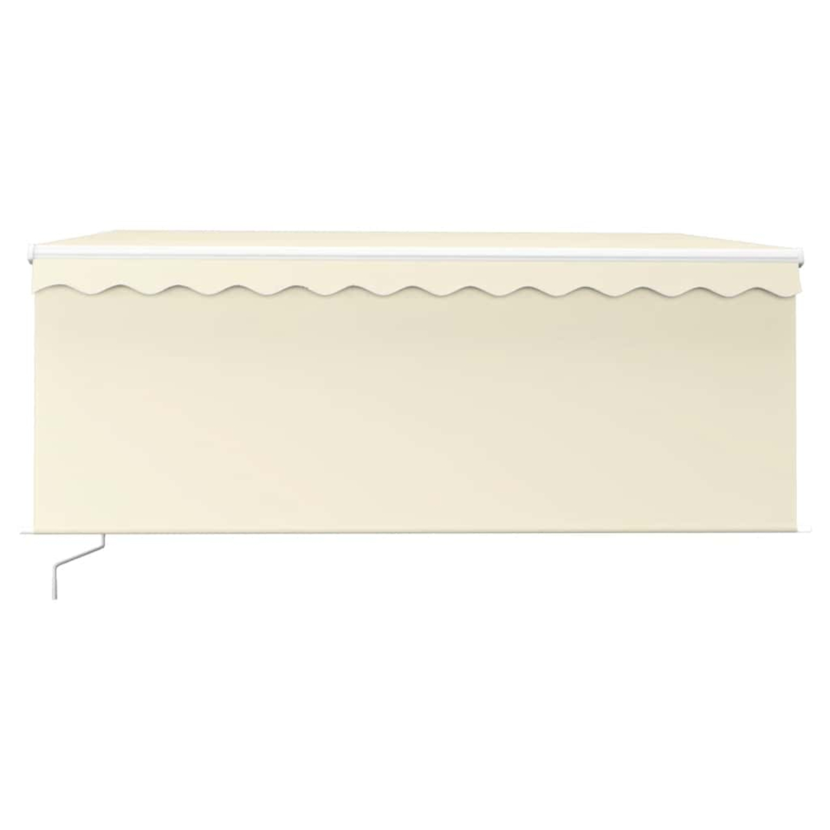 Eine beige Markise mit gewelltem Rand. Sie ist rechteckig mit weißem Rahmen und Stützarm. Der Hintergrund ist weiß.