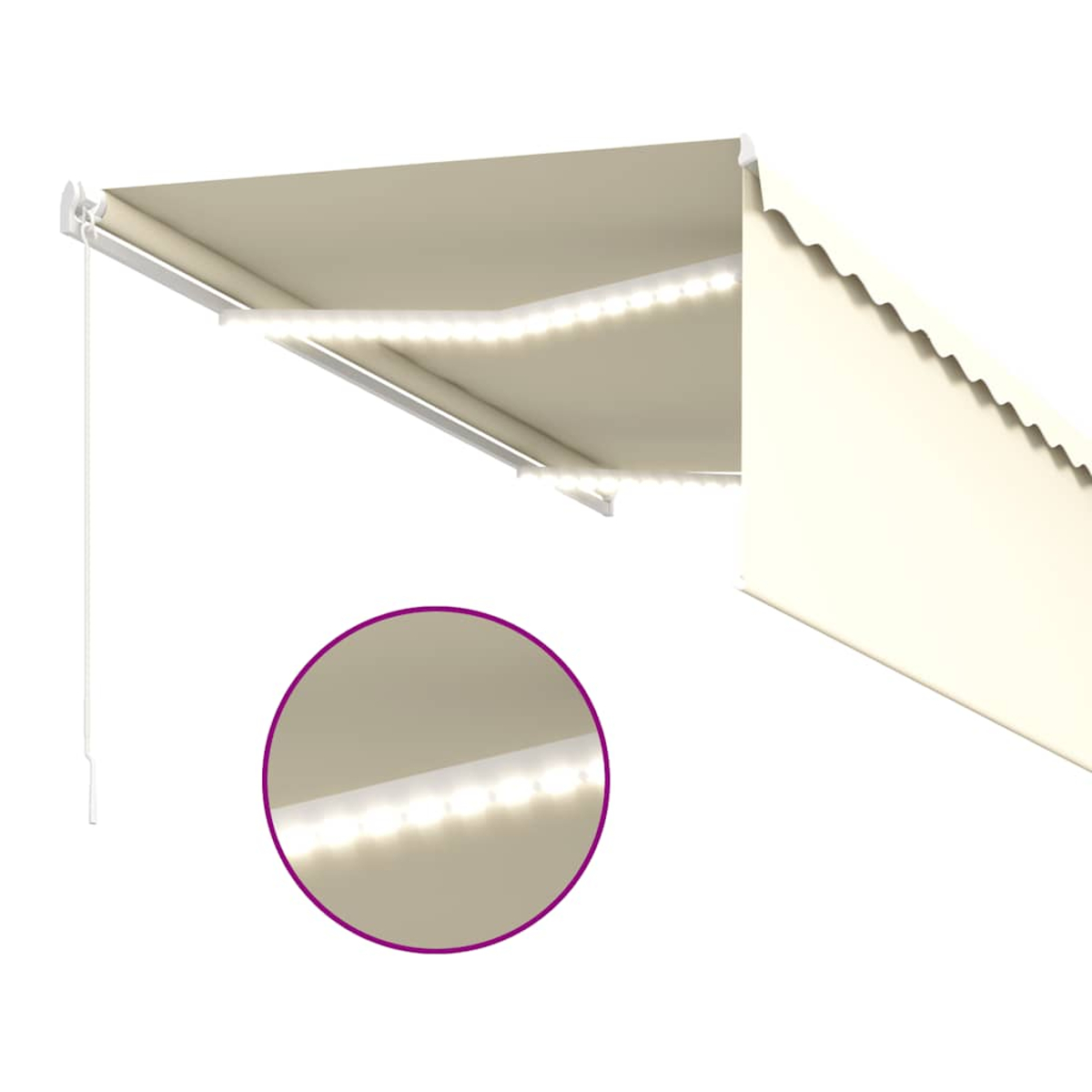 Ein Markise mit LED-Leuchten ist abgebildet. Die Markise ist beige. Eine kreisförmige Einlage zeigt die Lichter. Weißer Hintergrund.