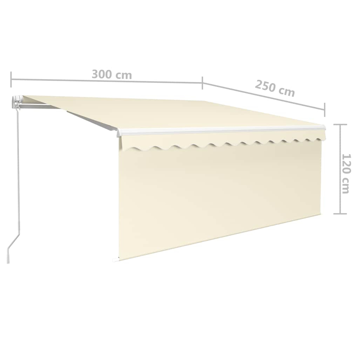 Eine beige ausziehbare Markise mit Maßangaben. Die Markise ist ausgefahren und hat einen wellenförmigen Rand. Sie ist an einer weißen Halterung befestigt.