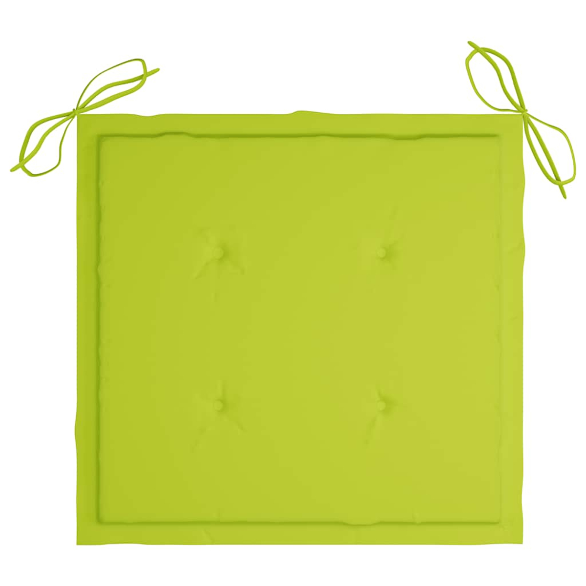 Ein quadratisches, lindgrünes Kissen mit vier Knopfpolstern und Bindebändern an den oberen Ecken. Weißer Hintergrund.