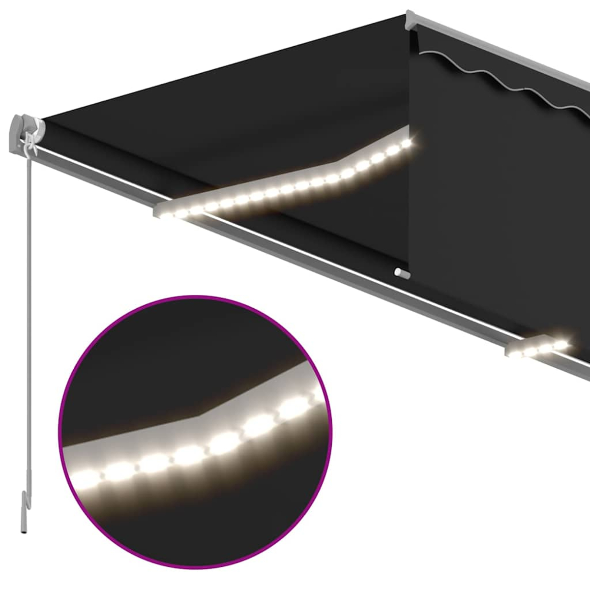 Eine schwarze Markise mit weißen LED-Leuchten. Eine Nahaufnahme zeigt die Lichter. Links hängt eine Zugschnur herunter.