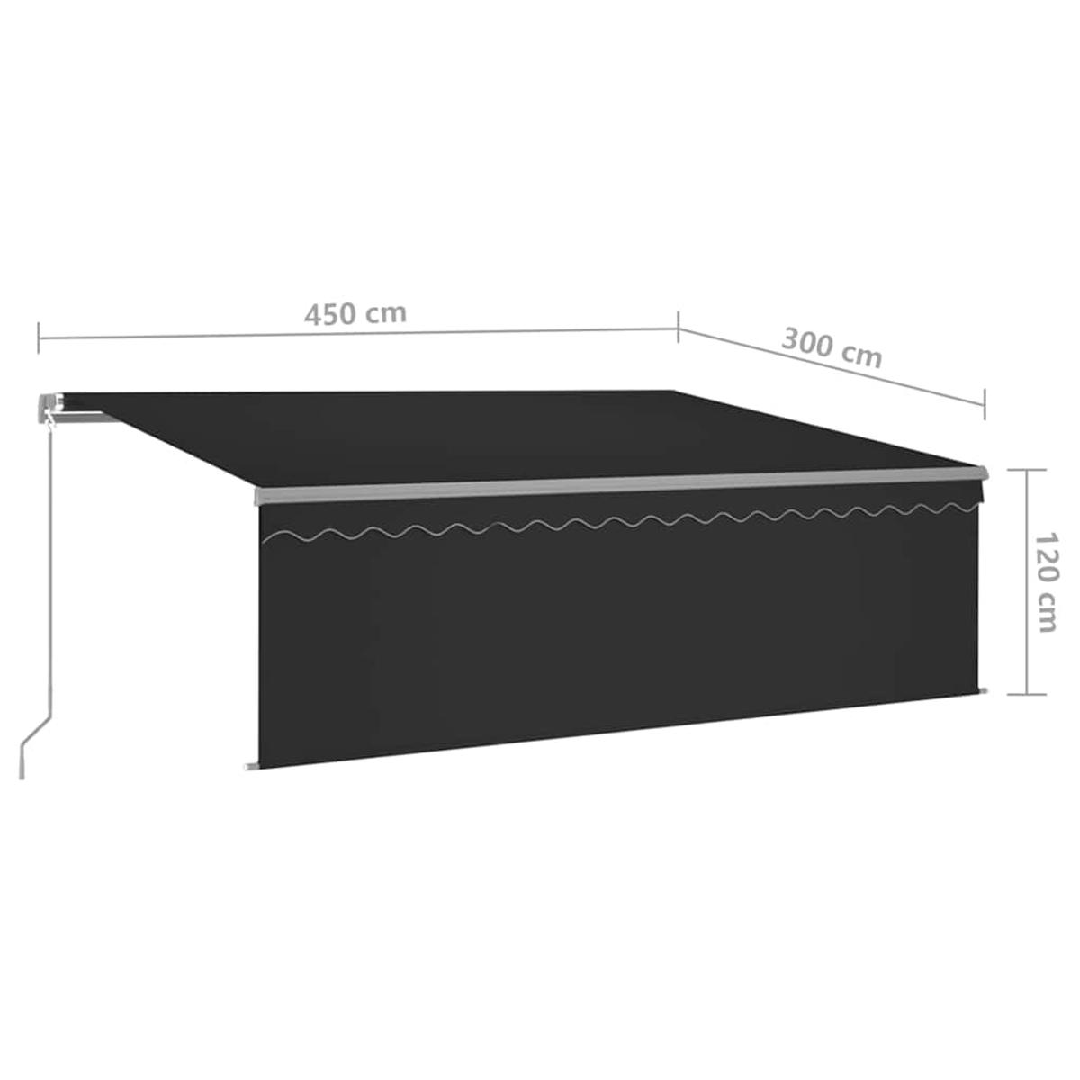 Eine schwarze Markise mit den angegebenen Maßen: 450 cm breit, 300 cm tief und 120 cm hoch. Ein weißes Wellenmuster verziert den Rand.