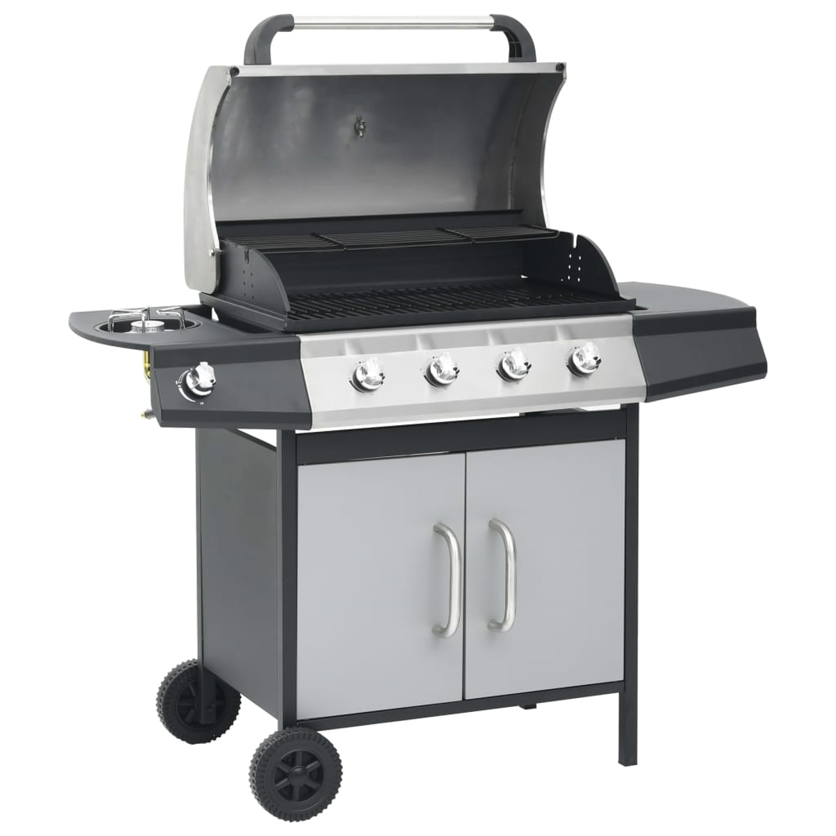 Ein Gasgrill aus Edelstahl mit vier Brennern, einem Seitenbrenner und einem Schrank mit zwei Türen. Er hat Räder.