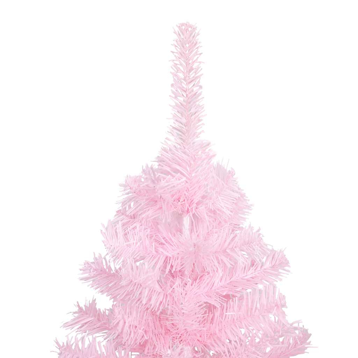 Ein rosa Weihnachtsbaum steht vor einem weißen Hintergrund. Seine Nadeln haben eine zarte rosa Farbe. Der Baum ist mittig im Bild.